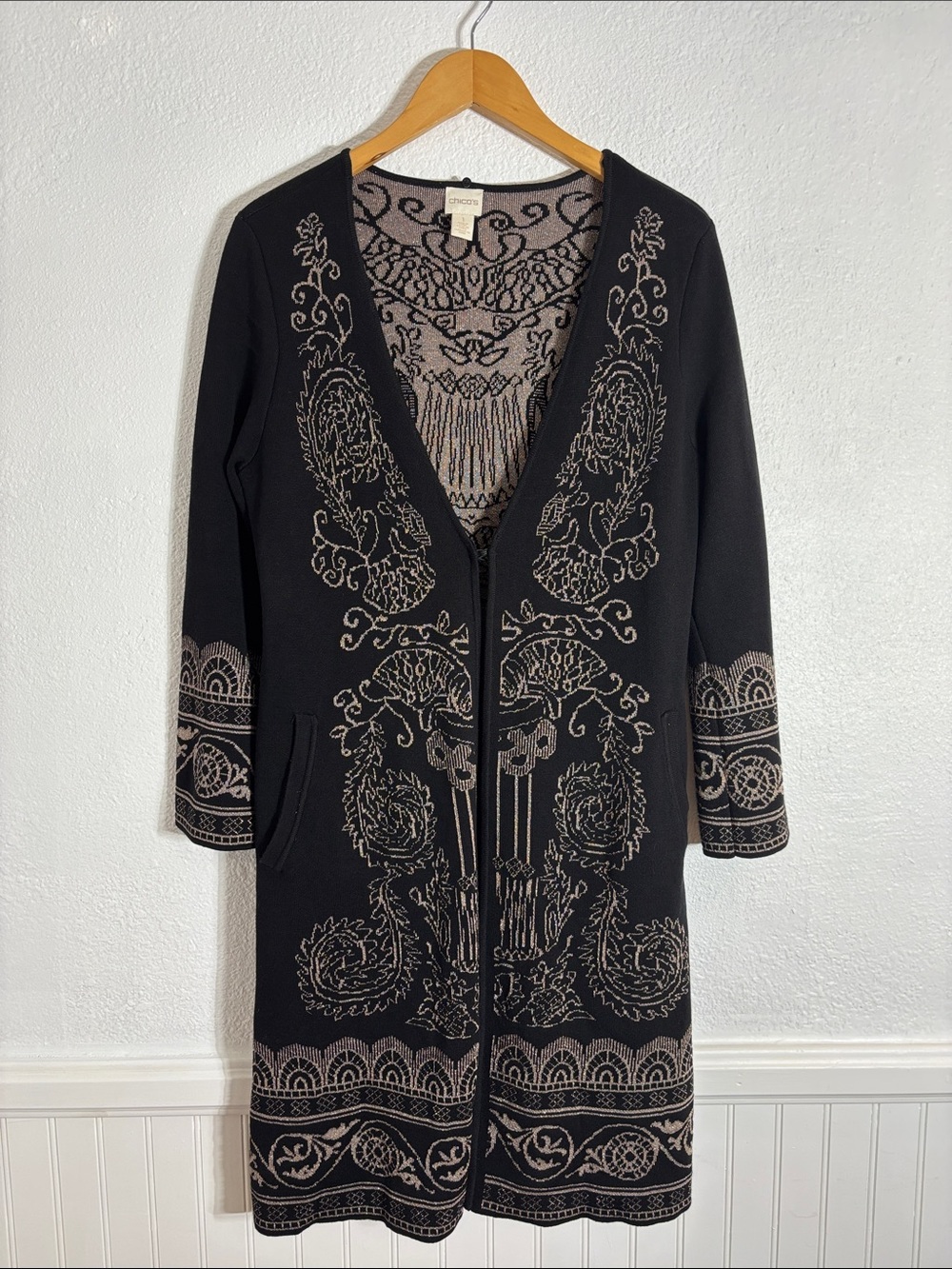 Chicos Metallic Paisley Jacquard Open Duster Cardigan Sweater Black Gold SZ 1